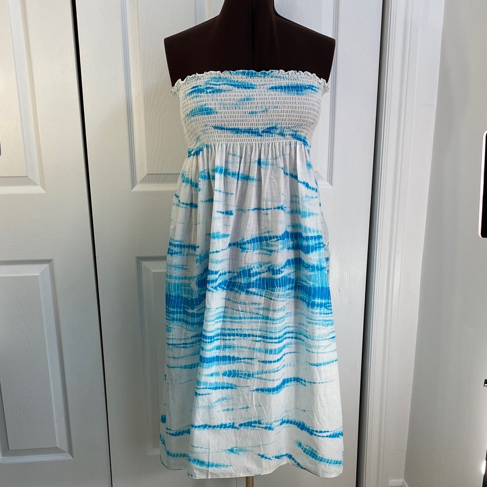 2 for $25 - Handmade Shirred Bodice Strapless Cotton Dress Blue & White, M to XL